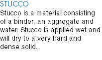 STUCCO Stucco is a material consisting of a binder, an aggregate and water. Stucco is applied wet and will dry to a very hard and dense solid.